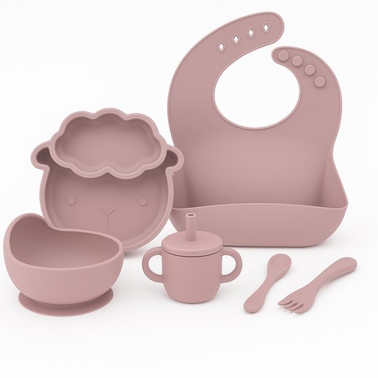 Babygiftset© – Siliconen babyservies set – Schaap Poeder Roze – Kinderservies set – Kinderbord – Kom – Met Zuignap – Kinderbestek – Babybestek – Slabbetjes – Drinkbeker – Snack cup – Kraamcadeau meisje – Kraamcadeau jongen – Babyshower cadeau