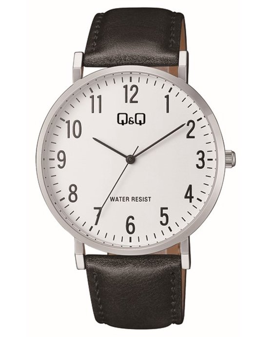 Q&Q C43A-001PY - Montre - Montre-bracelet - Analogique - Homme - Bracelet cuir - Ronde - Métal - Chiffres - Zwart - Argent- Wit