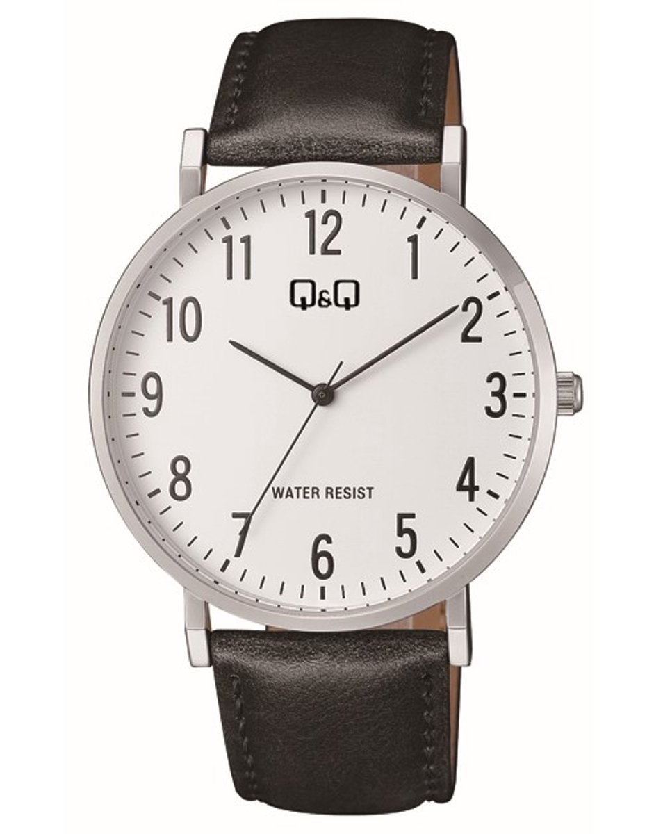 QQ C43A-001PY - Horloge - Polshorloge - Analoog - Heren - Mannen - Leren band - Rond - Metaal - Cijfers- Zwart - Zilver- Wit