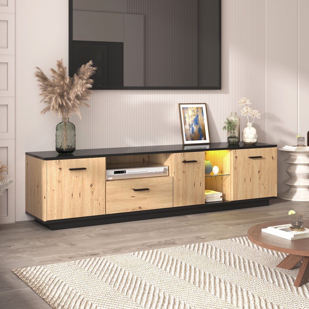 HAUSS SPOLE TV-kasten 180x40x45 cm - TV meubel Met Glasplaten En Twee Vakken - Modern En Praktisch - Met LED-verlichting- TV Meubels - MDF - Natuurlijk