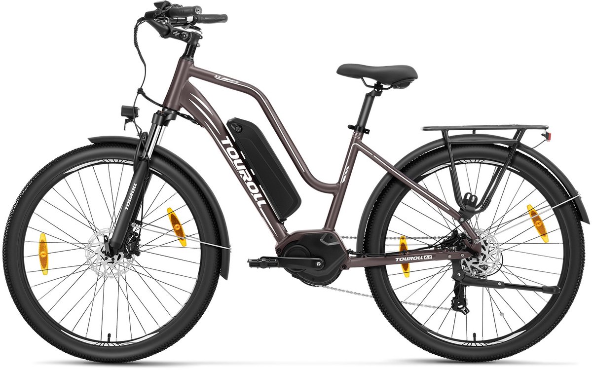 Touroll MA2 elektrische fiets, 250W middenmotor, 36V 13Ah accu, 27,5" banden, maximumsnelheid 25 km/u, maximaal bereik 100 km, hydraulische schijfrem, verende voorvork met lockout, Shimano 7-speed - Donkerbruin - afbeelding 2