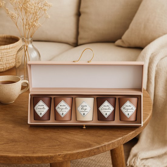 WDMT Bougies Coffret Cadeau - 5 Pièces - Emballage Bougies Set de Bougies - Coffret Cadeau avec 6 Bougies - Bougies parfumées de Luxe - Beige