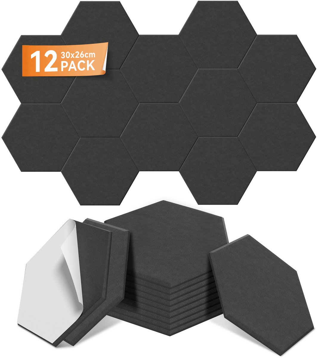 Pak Van 12 - Zeshoekige Zelfklevende Geluidsisolatiepanelen - 30 x 26 cm - Polyestervezel - Geluidsisolatie Wandpanelen - Akoestische Wandbekleding - Voor Studio, Kantoor En Slaapkamer - Zwart - NAIZY