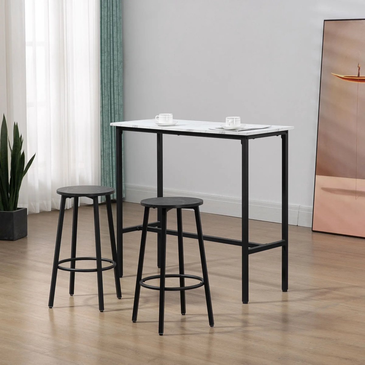 Pugsdrly Bar-set voor 2 personen, 1 tafel met 2 barkrukken, tafelblad in wit marmerlook, stalen frame