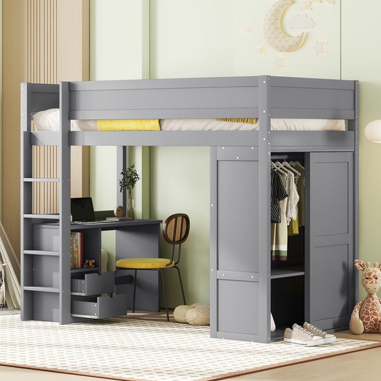 Lit mezzanine 90x200 cm - lit bébé multifonctionnel avec armoire, bureau et tiroirs - gris