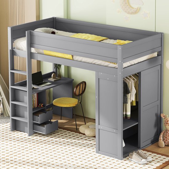 Lit mezzanine 90x200 cm - lit bébé multifonctionnel avec armoire, bureau et tiroirs - gris