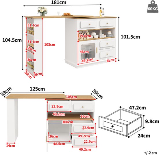 Kebnor Uittrekbare bartafel met opbergruimte, 360° draaibare eetbar, moderne beweegbare bartafel, hoogtafel, keukeneiland, bistrotafel, dressoirkast met planken en glas, 138-204 x 39 x 104 cm, wit