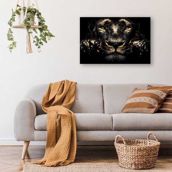 Décoration murale de Luxe lion doré - Peinture lion sur verre - Art or - Hyperréalisme - Acrylique - Décoration murale - verre acrylique 105x70 cm