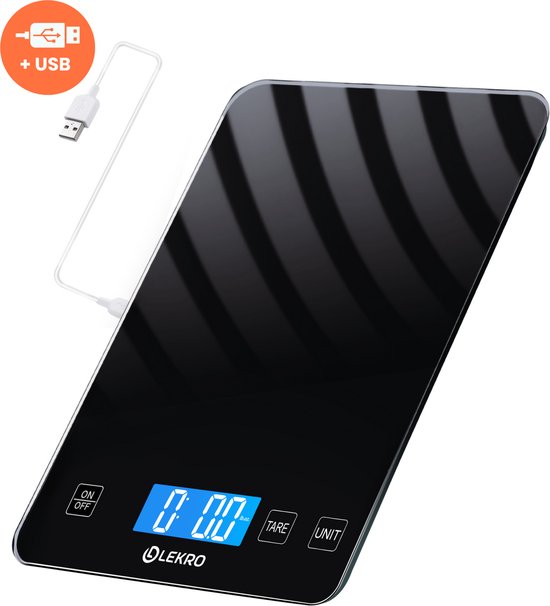 Lekro Keukenweegschaal Digitaal – Weegschaal Keuken - USB Oplaadbaar - 1gr-15kg – Tarra Functie - Zwart