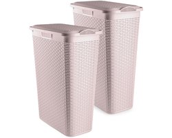 Plasticforte Smalle Wasmand met deksel Rotan - 2x - roze - gevlochten kunststof - 48 liter - 27 x 46 x 60 cm