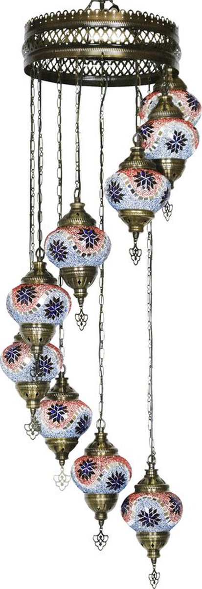 Oosterse mozaiek hanglamp - Rood/Blauw - Hoogte 115cm - Breedte 30cm -9 bollen 13,5cm