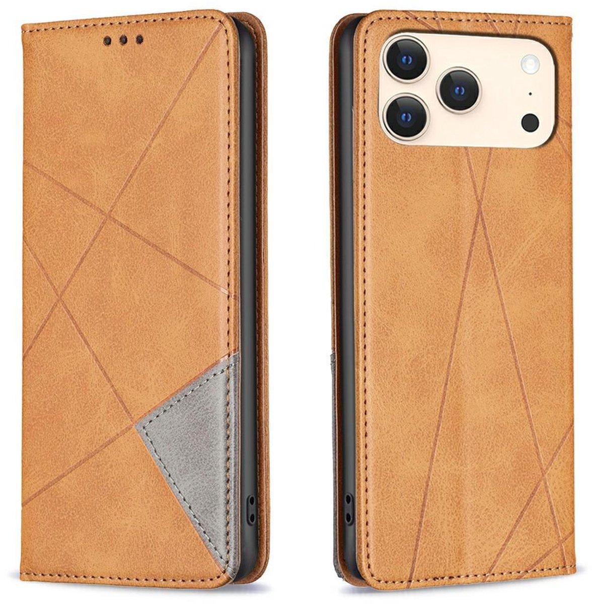 Mobigear Telefoonhoesje geschikt voor Apple iPhone 17 Pro Max Hoesje | Mobigear Rhombus Slim Bookcase | Pasjeshouder voor 2 Pasjes | Telefoonhoesje voor Pinpas / OV Kaart / Rijbewijs - Cognac