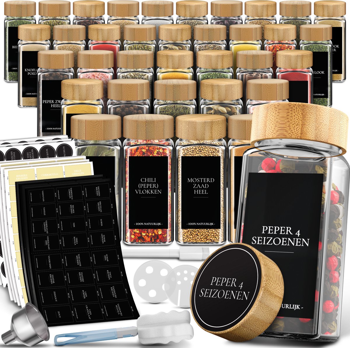 Soothe 36 Glazen Kruidenpotjes Vierkant met Bamboe Deksel – 2 Soorten Strooideksels – Kruidenstrooier – Spice Jars – Complete Set incl Kruiden Stickers, Krijtstift en Accessoires – 120ml