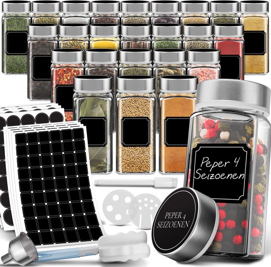 Soothe 24 Glazen Kruidenpotjes Vierkant met RVS Deksel – 2 Soorten Strooideksels – Kruidenstrooier – Spice Jars – Complete Set incl Kruiden Stickers, Krijtstift en Accessoires – 120ml