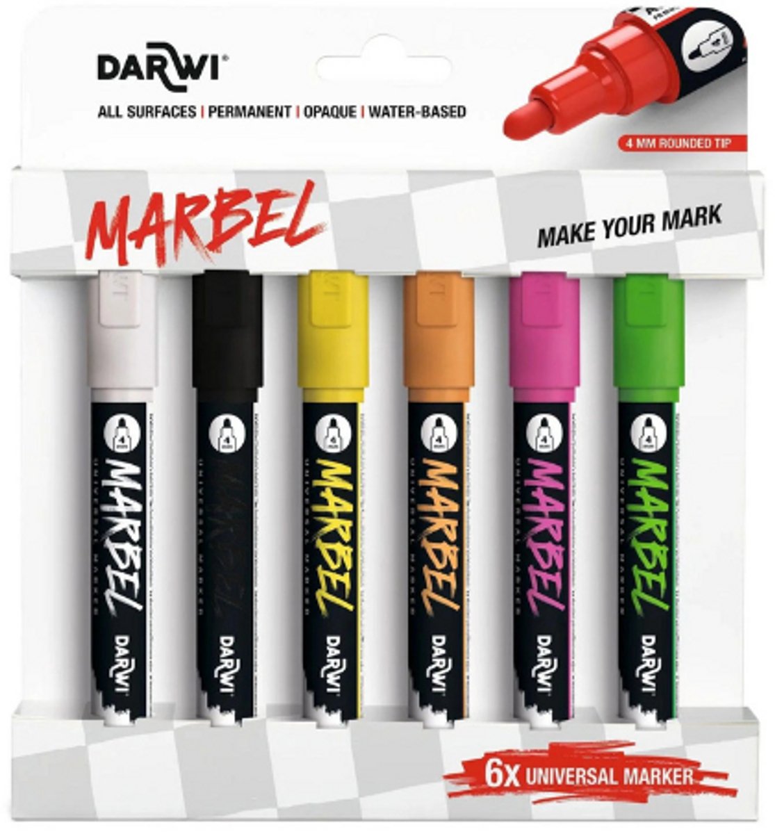 DARWI Marbel set 6 markers 4mm neon