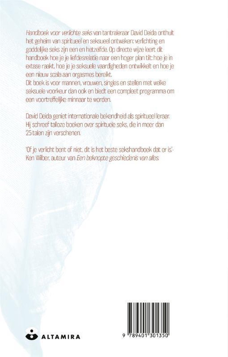 Boekomslag met tekst en een subtiele blauwe veervormige achtergrond. "Handboek voor verlichte seks" van David Deida.