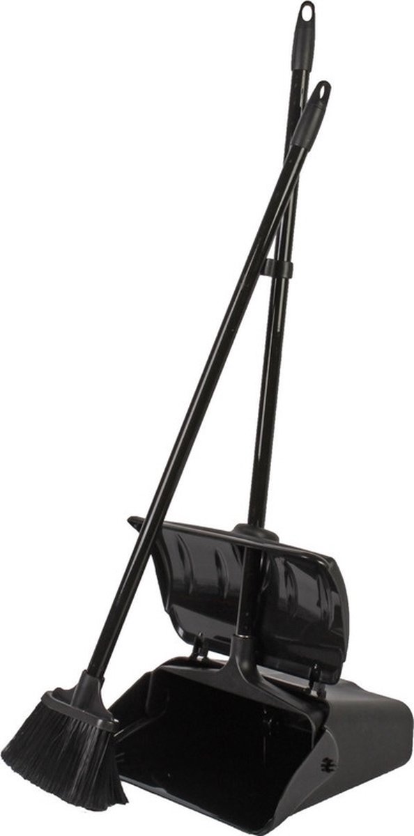 Goedkoopste Luxe stoffer en blik zwart met steel en automatische opvangblik 108 x 34 x 18 cm - stofblikset - schoonmaakartikelen