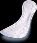 TENA Discreet Maxi Night pad met lichtpaars bloemenpatroon op witte achtergrond.