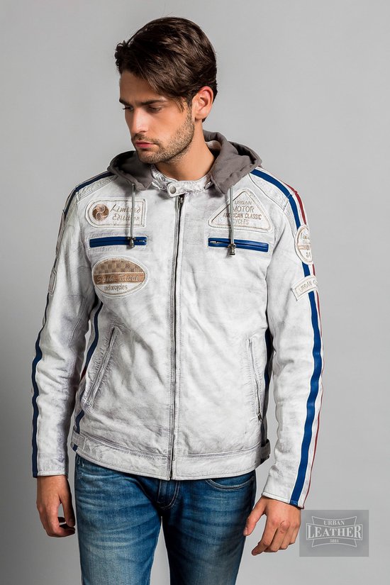 Urban 5884® - Fifty Eight - Heren Motorjas - Lamsleer – Afneembare Hoodie - Vintage Grijs - Maat XL