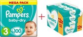 Pampers Baby Dry Luiers Maat 3 - 100 Stuks + Pampers Sensitive Billendoekjes 624 Stuks