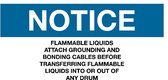 Sticker 'Notice: Flammable liquids attach grounding and bonding cables before transferring', 100 x 50 mm