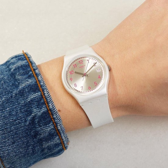 Swatch Pearlazing Quartz Silver Dial White Silicone Ladies Watch GW411