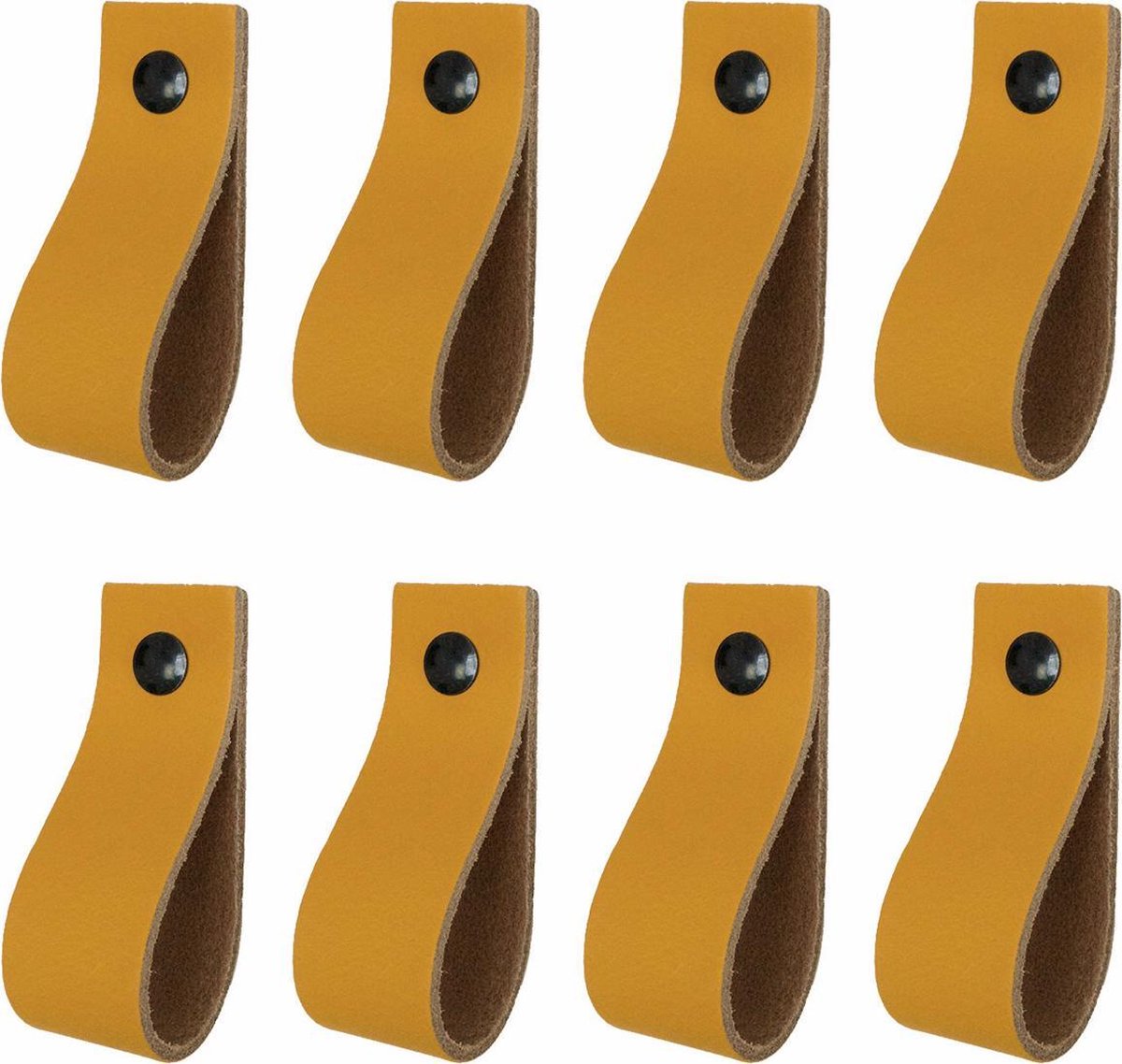 8x Leren handgrepen 'de lus' maat S - OKERGEEL  (15,8 x 2,5 cm) - incl. 3 kleuren schroefjes (handgreepjes - leren grepen - greepjes - leren lusjes)