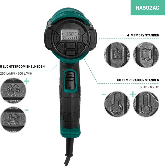 VONROC PRO Heteluchtpistool – 2000W – LCD display – 650°C – 500L/min – Incl. accessoires