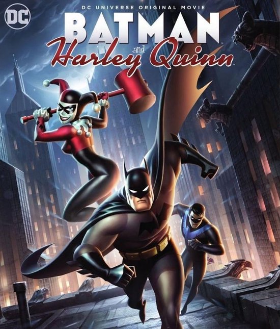 Poster van de film Batman & Harley Quinn met de titel. Batman, Harley Quinn en Nightwing rennen over een dak.