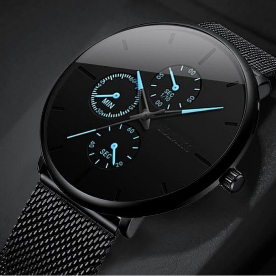 WiseGoods WS1209 - Luxe Ultradunne Herenhorloge - Horloge Heren met Stalen Band - Analoog - Quartz - Zwart met Blauw - ⌀ 40 mm