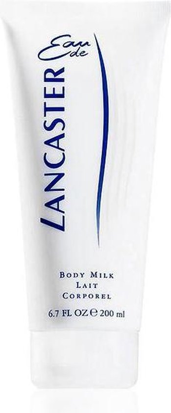 Witte tube met Lancaster logo, blauwe en gele lijnen, Body Milk Lait Corporel, 200ml.