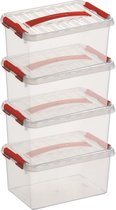 8x Sunware Q-Line opberg boxen/opbergdozen 6 liter 30 x 20 x 14 cm kunststof - Opslagbox - Opbergbak kunststof transparant/rood