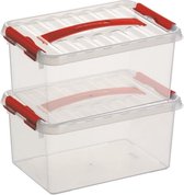 2x Sunware Q-Line opberg boxen/opbergdozen 6 liter 30 x 20 x 14 cm kunststof - Opslagbox - Opbergbak kunststof transparant/rood