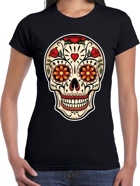 Day of the dead sugar skull t-shirt zwart - dames - rocker / punker / fashion trui -... | bol.com