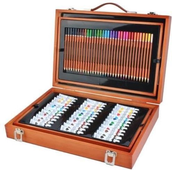 Schilderset Kinderen 127-delige Schilderset In Een Houten Kist Met Tubes Verf En Diverse Kleurpotloden Voor Jong En Oud Acrylverf Aquarel Kleurpotloden