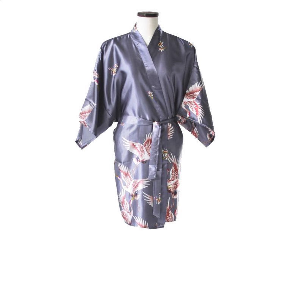 TA-HWA - Dames Kimono Kort- met Kraanvogels - Zilver - Maat S