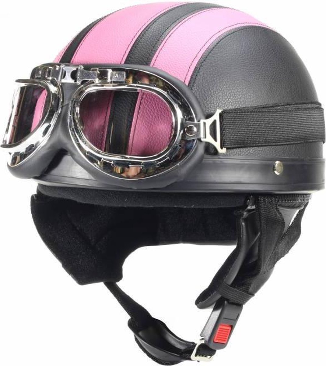 Vintage Pothelm – Scooterhelm Retro met Gratis Motorbril – Pothelm Scooter – Duitse Helm - Gemaakt van PU Leder – Zwart - Roze