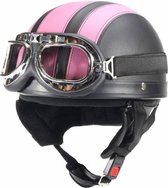 Vintage zwart - roze leren pothelm + Chrome motorbril