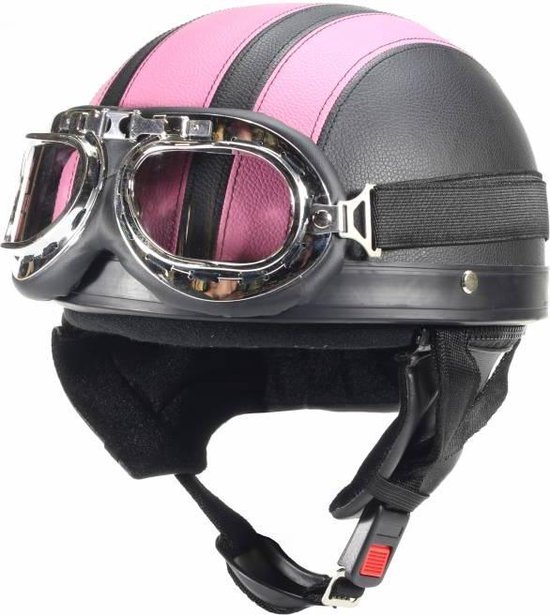Vintage Pothelm – Scooterhelm Retro met Gratis Motorbril – Pothelm Scooter – Duitse Helm - Gemaakt van PU Leder – Zwart - Roze