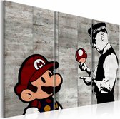 Schilderij - Banksy: Mario Bros ,  grijze muur , 3 luik   ,zwart wit