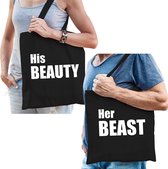 His beauty en her beast katoenen tassen zwart met witte tekst - tasje / shopper voor volwassenen