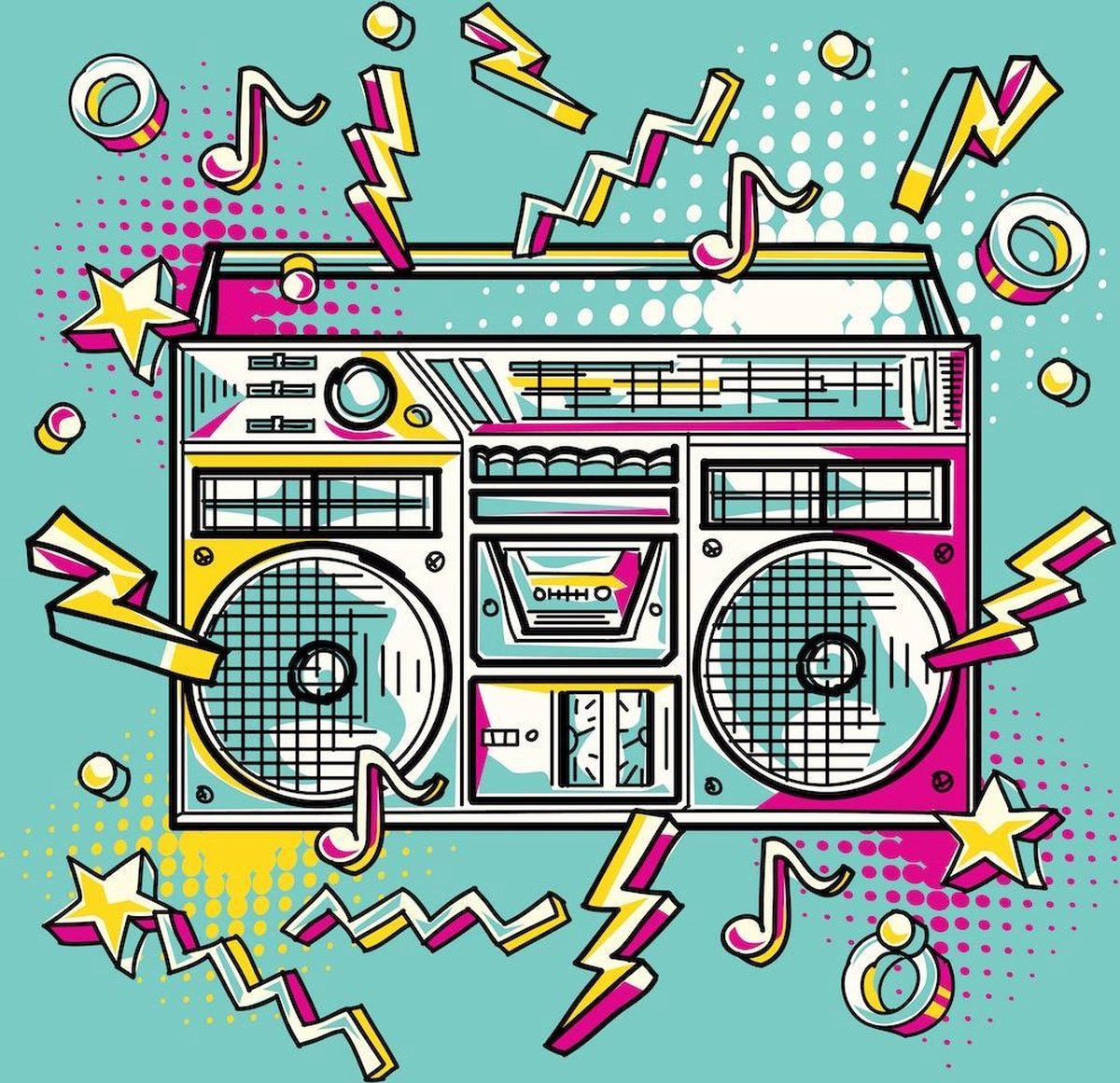 karo-art Schilderij - Boombox, retro, groen, geel, roze ,3 maten , Wanddecoratie Multikleur