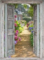 Tuindoek - 95x130 cm  - doorkijk openslaande houten deuren naar hortensia's  - tuinposter - tuin decoratie - tuinposters buiten - tuinschilderij