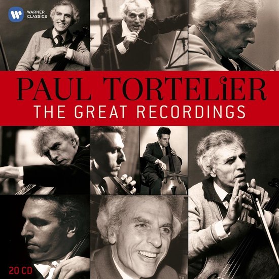 Collage van Paul Tortelier, de dirigent, met tekst 'PAUL TORTELIER THE GREAT RECORDINGS'.