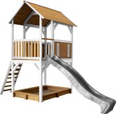 AXI Pumba Speelhuis in Bruin/Wit - Met Verdieping, Zandbak en Grijze Glijbaan - Speelhuisje voor de tuin / buiten - FSC hout - Speeltoestel voor kinderen