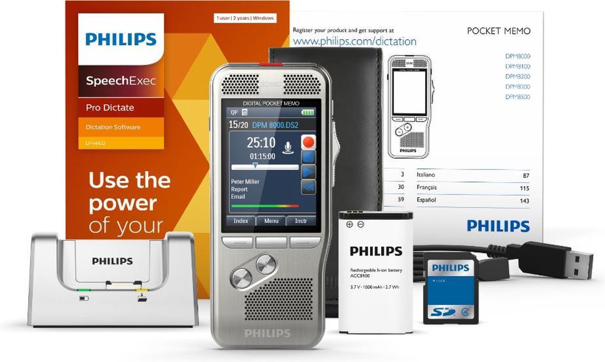 Philips DPM8000/02 PocketMemo Dicteerapparaat - Schuifschakelaar (US) - Accessoire set - SpeechExec Pro Dictate 11- 2 year license