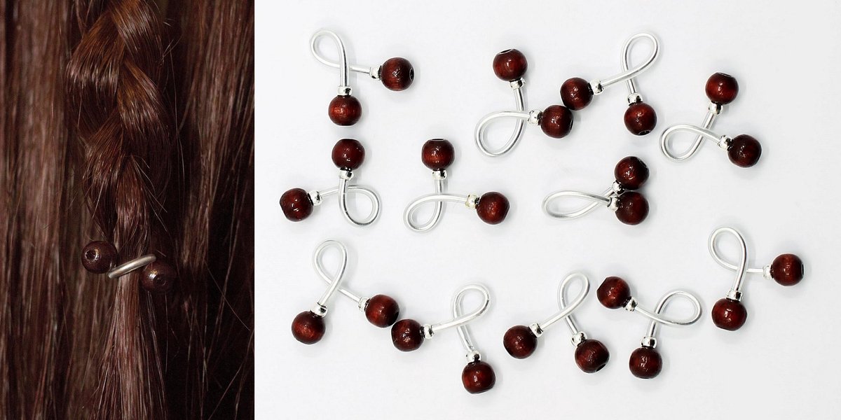 Haar binders met houten kralen rood/bruin