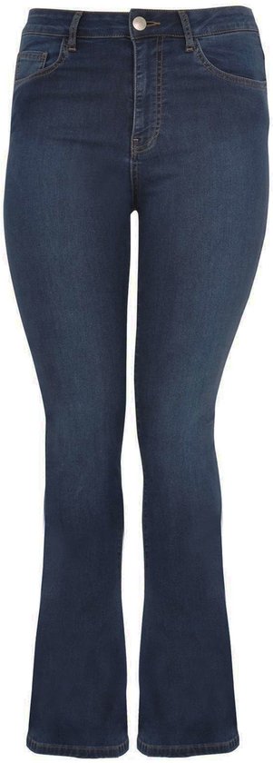 Donkerblauwe flare jeans, voorkant, op een witte achtergrond.