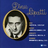 Albumcover met portret van Dinu Lipatti, titel 'Dinu Lipatti', en een lijst van werken van Bach, Mozart, Scarlatti, Schubert.