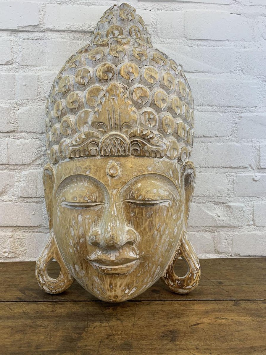 Jasje Geavanceerde Defilé Boeddha | Boeddha beeld | Boeddha hoofd | hout | whitewash | 52 x 27 cm |  bol.com